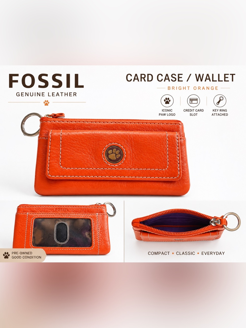 Fossil Bright Orange Leather Key Chain Case Wallet